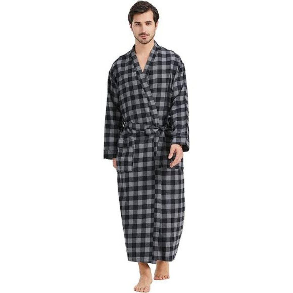 Mens Buffalo Plaid 100% Cotton Flannel Shawl Collar Robe Lightweight Full Length